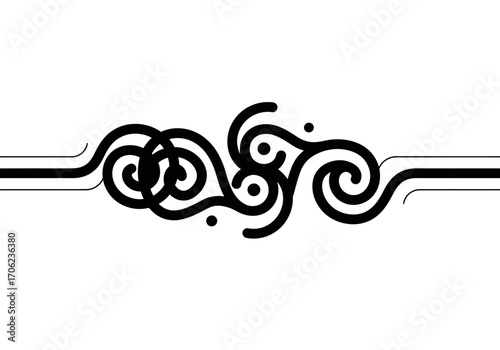 Black swirling design on a horizontal line with dots on a white background