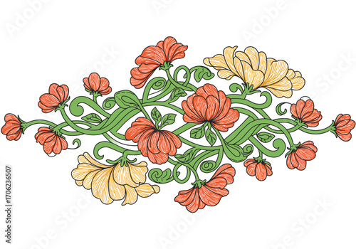 Floral pattern with red  yellow flowers green stems art nouveau style  textured effect
