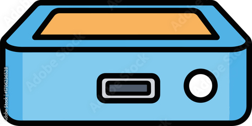 Flat single icon illustration of a modern digital device, a simple blue gadget such as a network router or media player, isolated vector graphic element