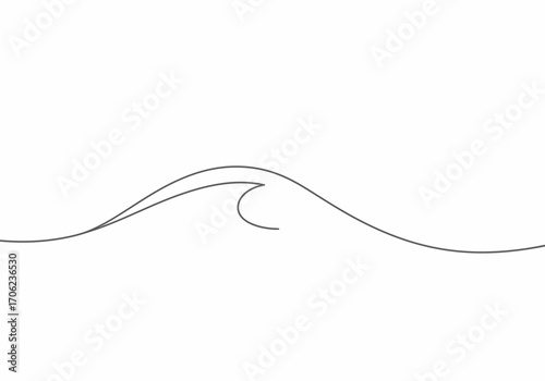 Gray line art of a single ocean wave with a curl in the center set against a plain white background
