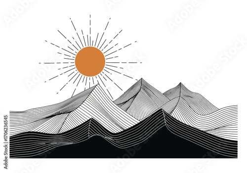 Illustration features mountains under a stylized sun with rays