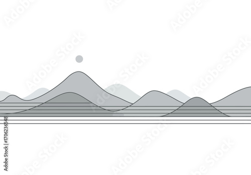 Grey hills with a light circle above and multiple horizontal lines in the lower portion of the image