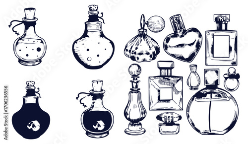 Seamless pattern with perfume bottles, vector pattern, print in sketch style.