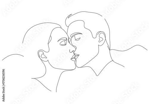 Line art depicting two people kissing their faces close creating a simple and intimate portrait