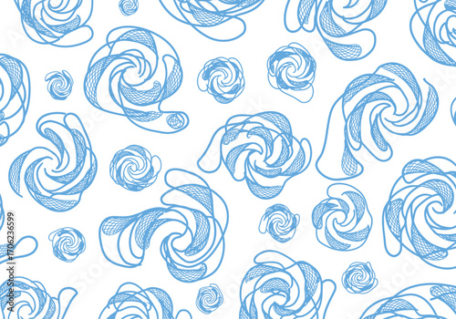 Light blue swirl patterns on white backdrop varied in size and shape create an abstract repeating design