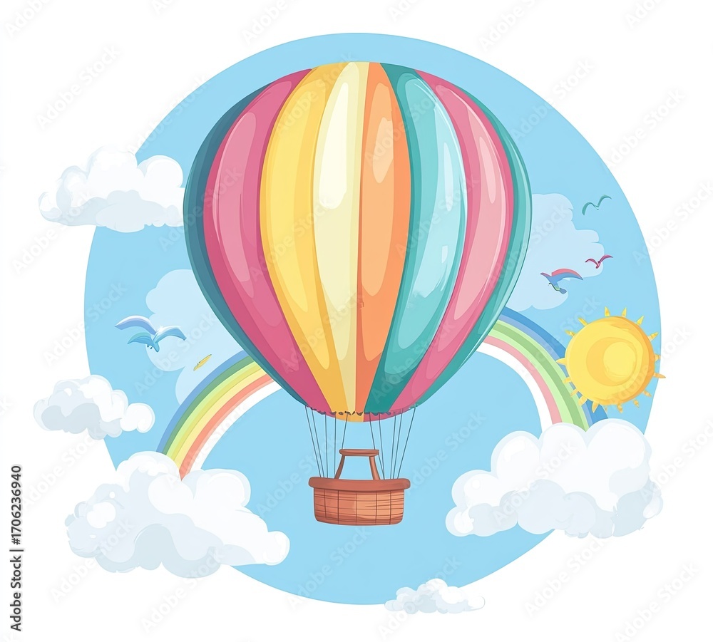 Fototapeta premium Colorful hot air balloon with rainbow and sun in the background