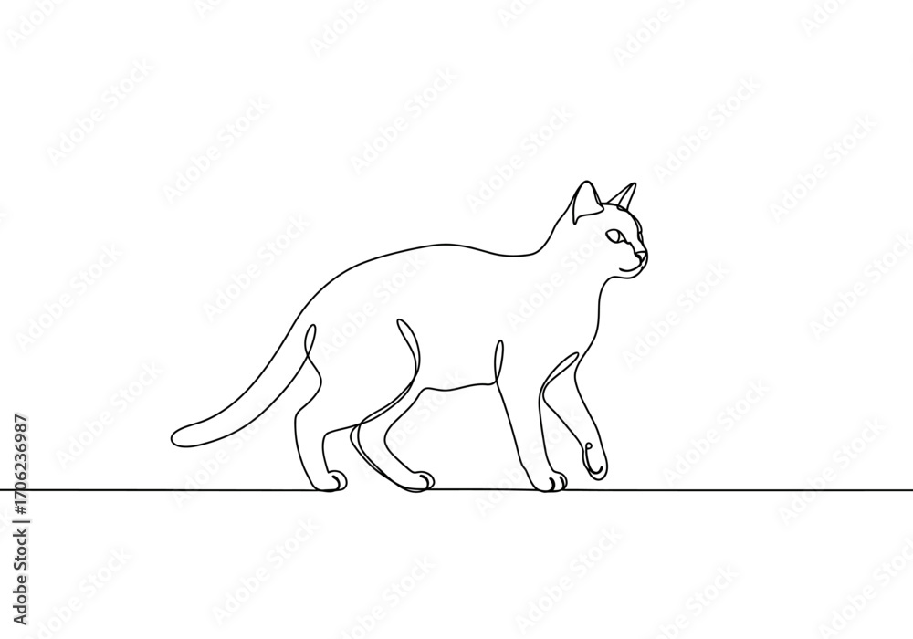 Fototapeta premium Singleline art depicts a cat walking from left to right