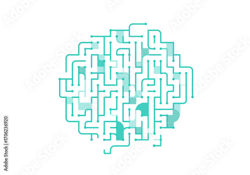 Rounded arrangement of connected turquoise lines and dots forming a circuitrylike design on a white background