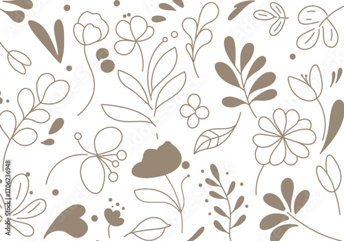 Scattered floral pattern with flowers leaves and dots in brown outlines and filled areas on a white background