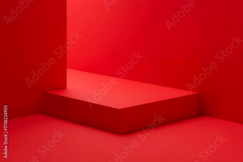 Minimalist red podium in a stark red room corner