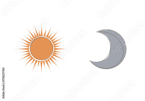 Sun and crescent moon side by side on a white background