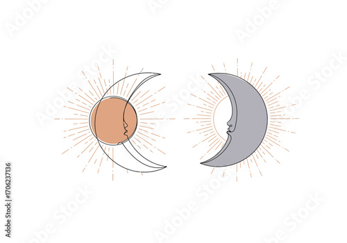 Two celestial moon faces against sunburst backdrops one peachoutlined one filled gray