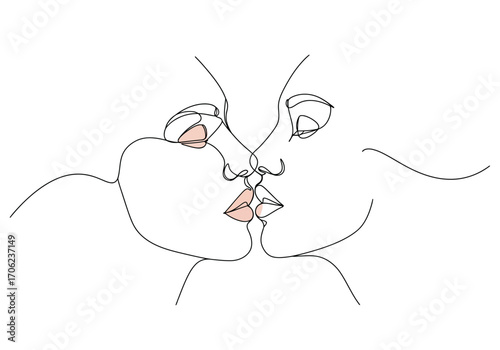 Two faces with lips touching minimal pink details