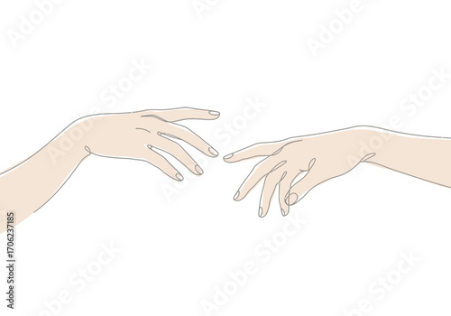 Two outstretched hands approaching fingers almost touching set against a white background
