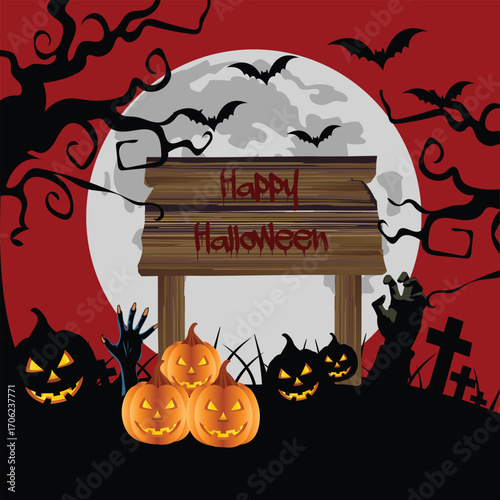 Spooky Halloween Scene with Pumpkins, Moon, and Bats