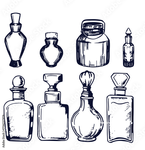 Seamless pattern with perfume bottles, vector pattern, print in sketch style.