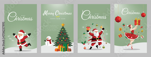 Christmas Poster Set with Santa Claus, Christmas Tree, Snowman and Holiday Dance Illustration, for Christmas greeting cards, chrismas promotional flyer, christmas invitations, and decorative designs.