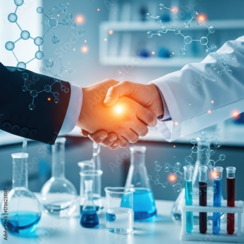 Scientific Collaboration - Handshake in Laboratory, Research Partnership.