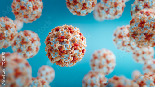 Highly detailed 3D illustration of the West Nile virus under a microscope. Ideal for use scientific content focused on virology, infectious diseases, or global health awareness