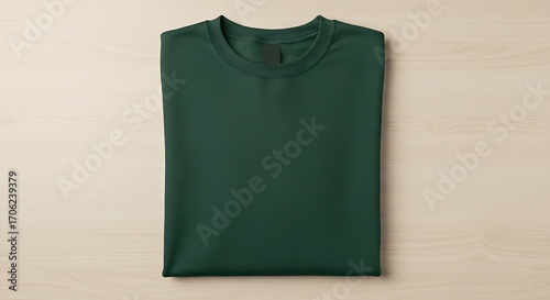 Mockup of a folded dark green tshirt lies on a light wooden surface, presented flat for commercial usage