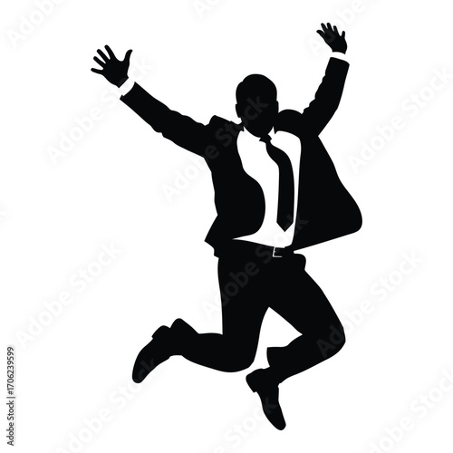 Joyful businessman silhouette leaping with arms raised in celebration and success silhouette