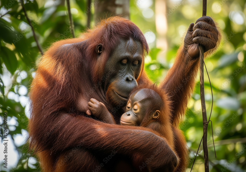 Fototapeta premium Close-up of orangutan mother hugging baby tenderly in forest with warm golden light, symbol of love and conservation