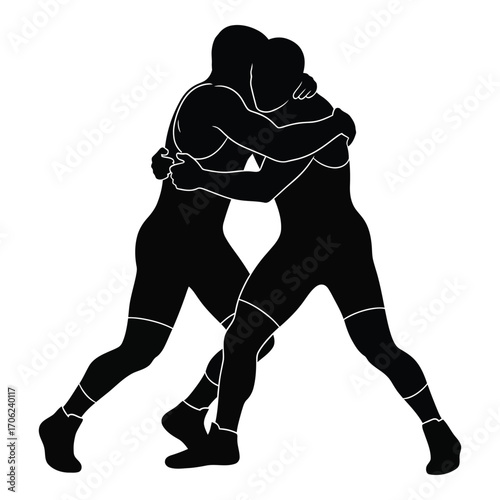 Dynamic silhouette of two wrestlers in intense combat grip artwork silhouette