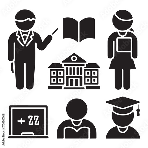 Teacher and Education Silhouette Vector Icons Set for School, Learning, and Academic Design