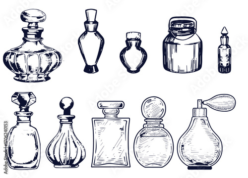 Seamless pattern with perfume bottles, vector pattern, print in sketch style.