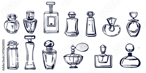 Seamless pattern with perfume bottles, vector pattern, print in sketch style.