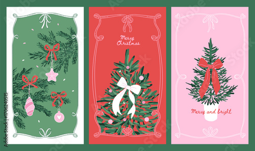 Coquette vintage Merry Christmas and Happy New Year greeting card Set. Modern hand drawn Xmas design with Christmas tree with bows, vintage baubles, fir branches. Vector Minimal art banner, poster