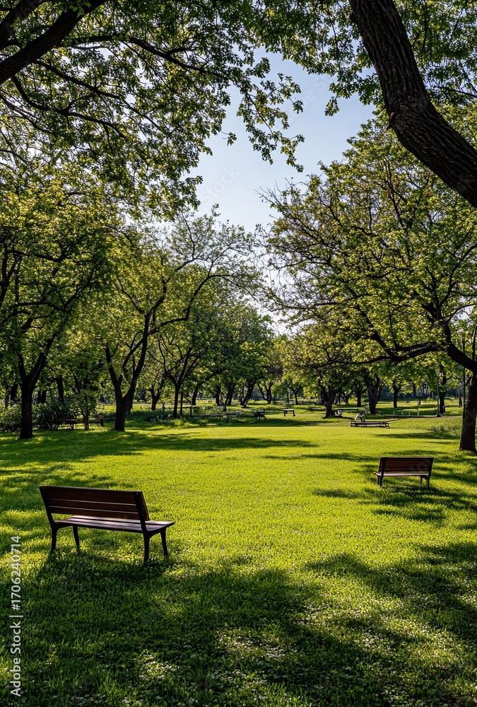 Fototapeta premium Sunlit Pathway Through Verdant Tree Canopy