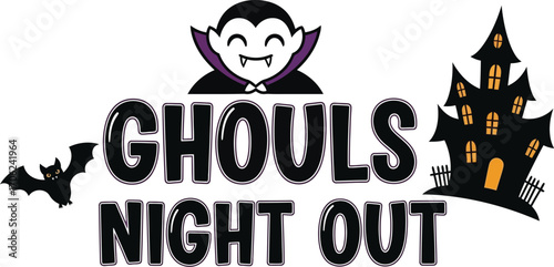 Spooky ghouls night out with vampire haunted house and bat for halloween fun
