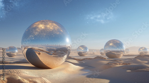 Surreal desert with giant glass spheres reflecting galaxies, endless horizon, surreal cosmic vibe