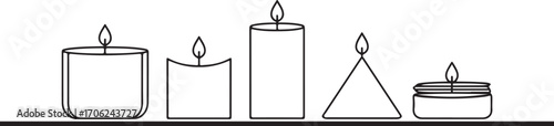 Candles line art vector set illustration. Burning candle flame, light decorative wax pillar, tea light, aromatherapy candle icon 