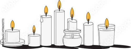 Candles line art vector set illustration. Burning candle flame, light decorative wax pillar, tea light, aromatherapy candle icon 