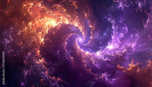 Abstract swirling nebula of vibrant orange and violet hues