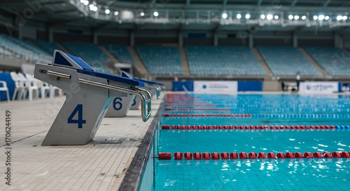 Mockup of empty swimming pool with starting blocks and lanes, ready for competition for commercial usage