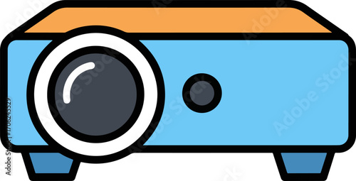 Flat single icon of a projector in blue and orange, perfect for presentations, movie nights, and educational displays, symbolizing technology and entertainment in a modern design
