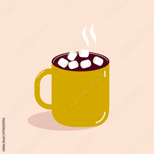 Hot chocolate with marshmallows in a yellow mug for winter holidays