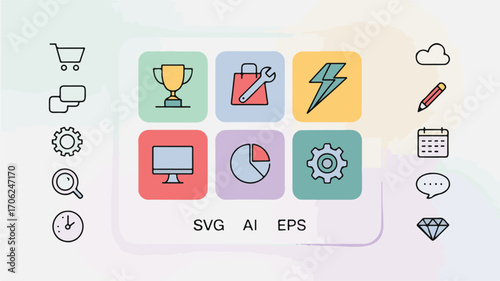 Collection of minimalist icons for business and technology shopping cart speech bubbles