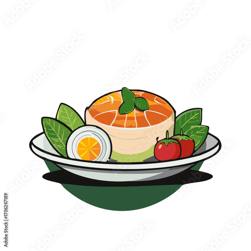Colorful illustration of gourmet salad with salmon, boiled egg, and fresh vegetables on a plate.