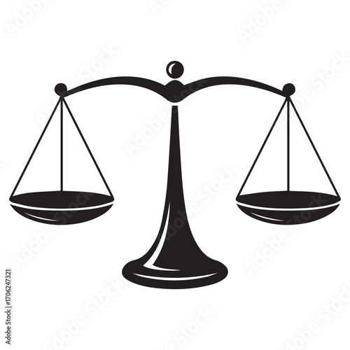 Classic black and white illustration of a vintage balance scale symbolizing justice law and fairness on a white background