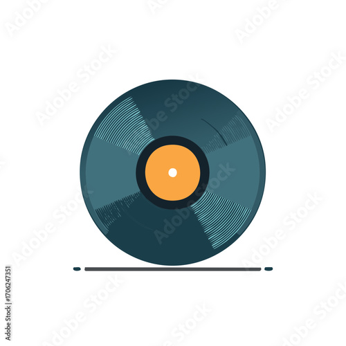 Classic vinyl record music disc with vibrant orange label flat design illustration