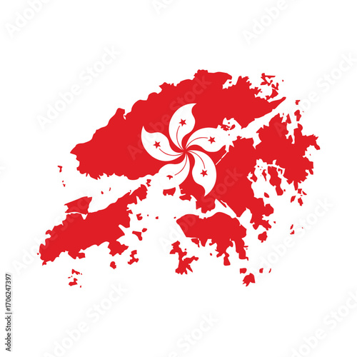 hong kong map silhouette with bauhinia flower symbol in red and white representing regional identity