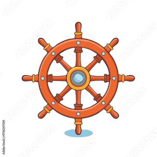 Cartoon Wooden Ship's Wheel for Sea Adventure, Direction, and Navigation. Nautical Equipment Object