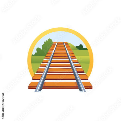 Perspective view of railway tracks heading towards horizon with green landscape and blue sky in a yellow round frame vector illustration