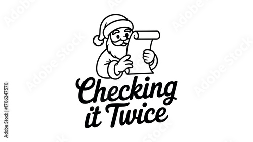 Santa Claus Checking List Twice Line Art Illustration 