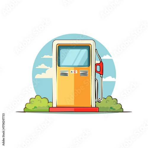 Fuel station vector illustration. Modern gas dispenser with bushes and sky background art.