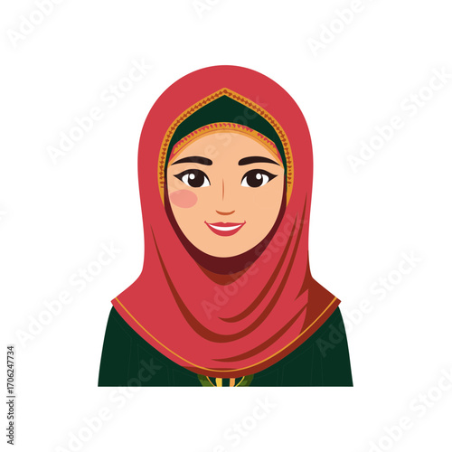 Illustration of a woman wearing a red hijab and smiling with a green top.